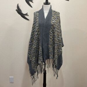 Anthropologie Willow & Clay Wool Blend Fringed Open Front Blanket Shawl - M / L